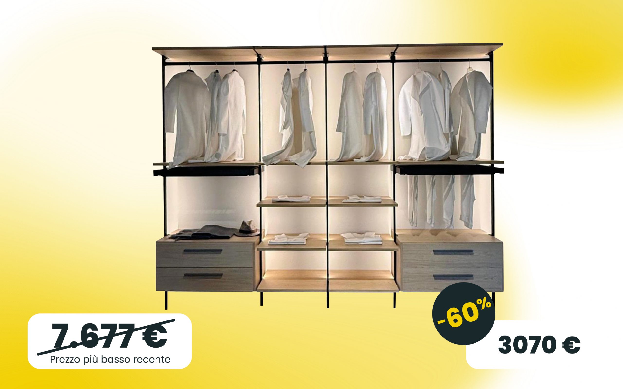 Cabina armadio con struttura in metallo con ripiani e cassettiere in rovere nordico, luci led