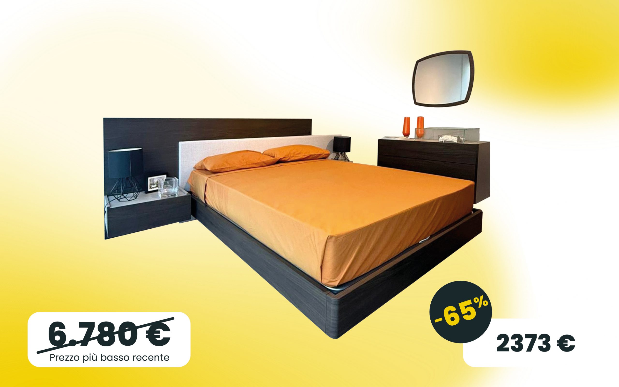 Letto Resort mixed in Noce moro con comodini sospesi e comò